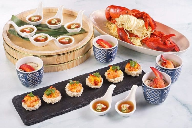 Harbour Restaurant The Harbourview 灣景廳 - 灣景國際 OKiBook - Lobster Dashi Jelly, Braised Lobster with Efu Noodles, Rice Cracker topped with Lobster, Mango and Sriracha Sauce 龍蝦清湯啫喱, 上湯龍蝦伊麵, 香芒龍蝦鍋巴配是拉差辣醬 2