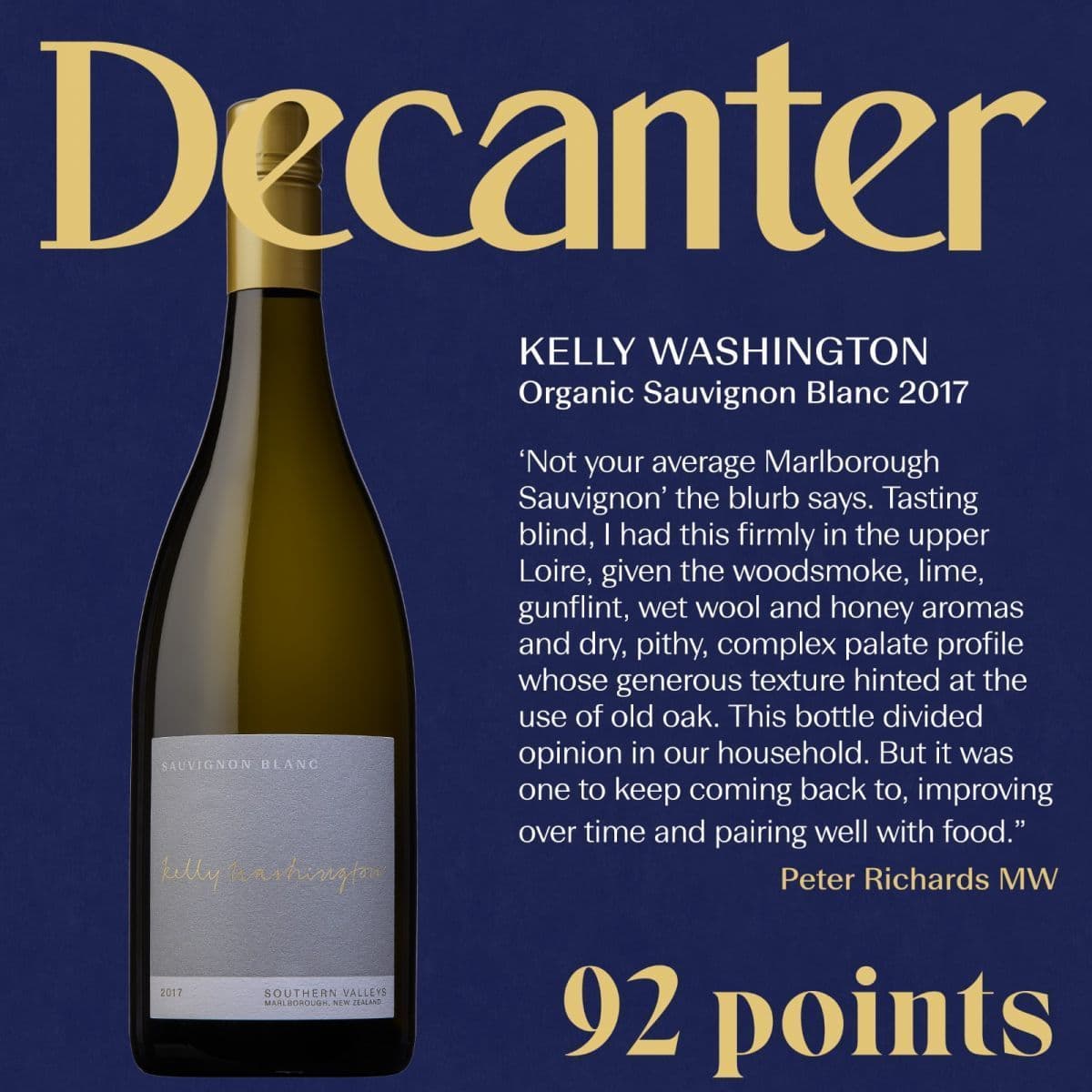 Kelly Washington Organic Sauvignon Blanc 2017, Marlborough, New Zealand - 750ml